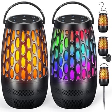 Outdoor Speakers with Flame & RGB Lights, 10W HD Stereo, Bluetooth 5.3 Auto-Pairing, Multi-Sync 100+ Speakers, IPX6 Waterproof, Perfect for Patio, Pool, Party | Gifts for Men & Women (2Pack)