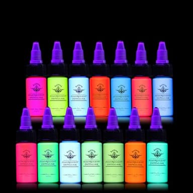 Tuffking Tattoo Ink Color Set - Fluorescent Tattoo Ink Pigment Kit 14 Colors Glow in The Blacklight for Professional Tattoo Artist Halloween Supplies (1/2 fl oz(15ml), 14color)