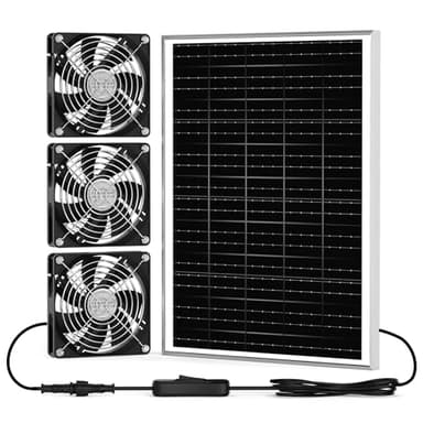 pqins New 5.5" Solar Chicken Coop Fan 3 Kit, 35W Solar Powered Exhaust and Intake Greenhouse Fan Outdoor Waterproof, 16.5ft Cord, Strong Airflow, for Shed Air Circulation and Ventilation, No Battery