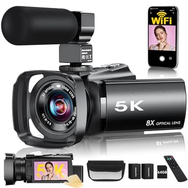 5K Video Camera Camcorder,64MP WiFi Vlogging Camera for YouTube with 8X Optical Zoom,3.5" IPS Touch Screen,Full-Color Night Vision,Live streaming,6-Axis Anti-Shake,64GB Card & Two 1400mAh Batteries