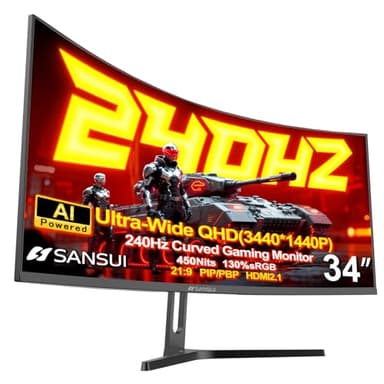 SANSUI 34 Inch 240Hz Ultrawide Curved Gaming Monitor UWQHD 3440×1440, 21:9 2K Curved Monitor 1500R,HDR400,Fast VA, PIP/PBP,AI Crosshair,AIPQ(Visual Enhance),MPRT 1ms,HDMI2.1 * 2,DP1.4 * 2