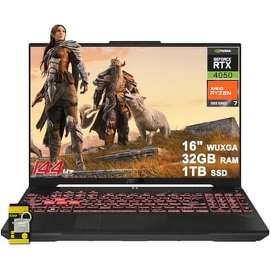 ASUS TUF Gaming A16 Laptop 16" WUXGA IPS 144Hz AMD 6-core Ryzen 7 7445HS 32GB RAM 1TB SSD GeForce RTX 4050 (Up to 194 AI Tops) RGB Backlit USB4 Two-Way AI Noise Cancelation Win11 ICP Hub
