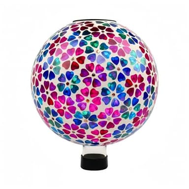 VOREEN Mosaic Solar Gazing Ball, 10" Handmade Glass Garden Globe with Colorful Heart-Flower Design, Outdoor Patio Lawn Yard Decor Sphere, Solar Lighted Reflective Ball for Christmas