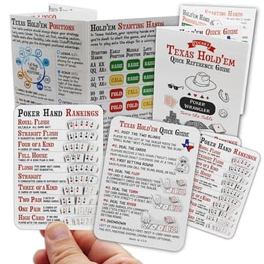 POKER WRANGLER Set of 5 Poker Hand Ranking Cards and Texas Hold'em Cheat Sheet Pocket Guide