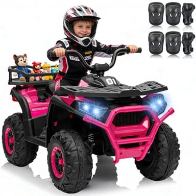 24V 4WD Kids ATV, Ride On Toy Car w/Kneepads, Music, LED Lights, 5Mph Max Speed, Rear Storage Rack, Spring Suspension, Safe Soft Start&Brake, Kids 4 Wheeler for Kids Boys Girls, L Pink