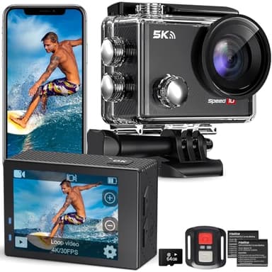 Hiicam Action Camera 5K 30FPS Waterproof Camera Underwater 131FT with EIS WiFi App Remote Control 64GB Card 170° Wide Angle Sports Helmet Bike Video Black