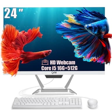 Qehi FHD All-in-One PC 24" AIO Desktop Computer Core i5, 16GB RAM 512GB SSD, 1080P Display | HD Webcam Clear Calls | WiFi 6, Gaming Home Business with Keyboard & Mouse