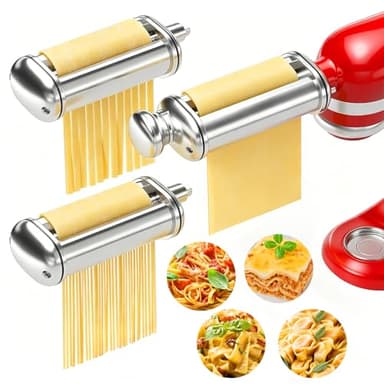 3PCS Pasta Maker Attachment for All Kitchenaid Stand Mixers, Stainless Steel Pasta Attachments Include Spaghetti Cutter & Fettuccine Cutter, Pasta Roller with 8 thickness knob