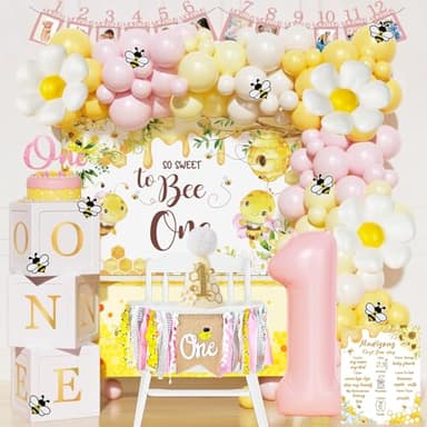 Fiesec First Bee Day Decorations Girl – 108PCs Honey Bee Themed 1st Birthday Party Supplies with So Sweet to Bee One Backdrop, Banner, Pink Yellow Balloon Garland Kit, Tablecloth