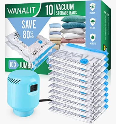 WANALIT Vacuum Storage Bags with Electric Pump, 10 Pack Jumbo Size（40"x28"） Reusable Compression Space Saving Bag for Clothes, Bedding, Mattress, Blankets, Pillows, Comforters, Travel, White