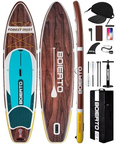 Boierto Inflatable Stand Up Paddle Board 11'*33", Extra Wide Paddle Board for Adults, SUP with Detachable Fins, Pump, Kayak Seat & Kayak Floating Paddle 4pcs, Safety Leash, Backpack