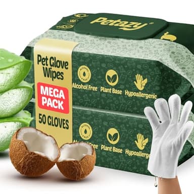 Petazy Pet Glove Wipes for Dogs & Cats – Hypoallergenic Thick Cleaning Gloves with Aloe & Coconut Oil for Paws, Face, Ears & Butt, Instant No Rinse Grooming Wipes to Deodorize and Hydrate, 50 Pack