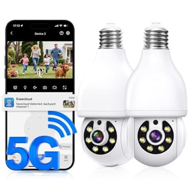JCMNETE Light Bulb Security Camera, 5G&2.4GHz WiFi Light Bulb Cameras Wireless Outdoor Indoor, Lightbulb Camera for Home Security, Two-Way Talk,Color Night Vision, Motion Detection & Real-time Alarm