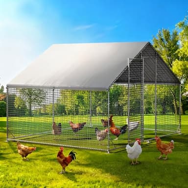 Large Walk-in Chicken Coop with Chicken Run, Galvanized Poultry Enclosure with Waterproof Anti-UV Cover and Security Lock, Ideal for Rabbit, Duck, Backyard and Farm Yard，9.8'x 6.6'x 6.6'