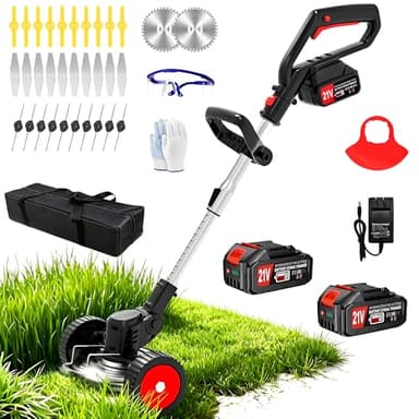 Electric Weed Wacker Cordless Eater 21V Battery Powered Lightweight Portable String Trimmers 3-in-1 Lawn Edger/Grass Trimmer/Brush Cutter with 4 Types Blades & Wheels for Yard and Garden