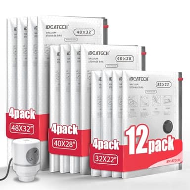 IDEATECH 12Pack Vacuum Storage Bags with Electric Pump, Jumbo Vacuum Seal Bags for Clothing, Bedding & Blankets, Heavy Duty Compression Space Saver Bags with Airtight Seal, Seasonal Storage-4M+4L+4XL
