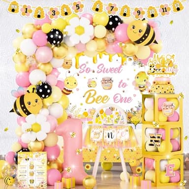 Bee 1st Birthday Party Decorations for Girl, Yellow Pink Honey Bee Themed Party Supplies, Bumble Bee My 1st Bee Day Party So Sweet to Bee One Backdrop Balloon Arch Banner for First Birthday Girl Decor