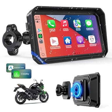 WonVon 6.25 Inch Wireless Motorcycle Carplay GPS Navigation System with Apple Carplay and Android Auto Portable Screen with Dual Bluetooth, Navigation, Siri, Google Assistant with Magnetic Mount