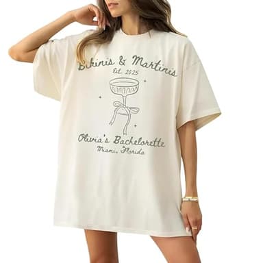 Bikinis and Martinis Bachelorette Shirt Miami Florida Party Tee Cocktail Bow Graphic Coastal Bridesmaid Gift Destination Wedding Squad Apparel 2025 Multi