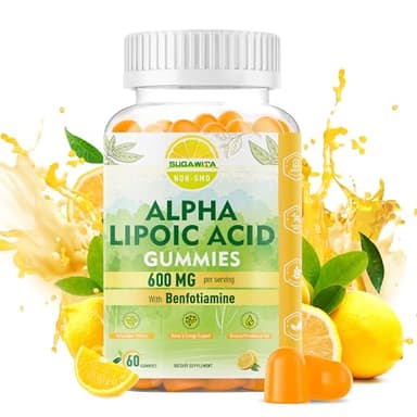 SUGAWITA Pure R-Alpha Lipoic Acid 600mg with Benfotiamine for Nerve Support, Antioxidant Support, ALA Supplement Alpha Lipoic Acid Gummies - Vegan, Sugar-Free, 60 Counts