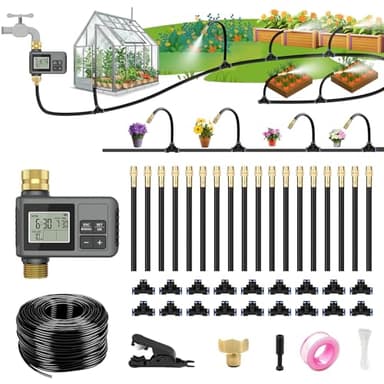 HEKIWAY 60Ft Drip Irrigation System with Smart Water Timer – Automatic Garden Watering Kit with Solid Brass Metal Connectors, 360° Adjustable Nozzles & Bendable Tubing for Garden, Greenhouse & Lawn
