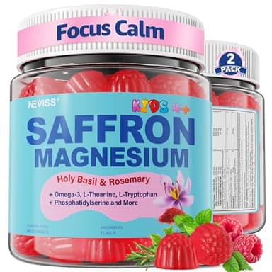 Saffron +Magnesium Glycinate +Omega-3 - Calm Focus Gummies for Kids 4+, Saffron Extract Supplement with L-Theanine, Holy Basil, Rosemary, B6, D3 for Happy Mood, Cognition, ZZz, Sugar Free, 2 Pack
