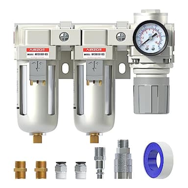 AIRZOE 3/8" NPT Air Dryer for Compressor-Air Compressor Water Separator AC3110-03,Double Air Compressor Filter,Air Pressure Regulator Combo,5 Micron Brass Element,Semi-Auto Drain,0-145 psi Gauge