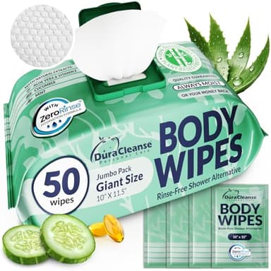 Body Wipes for Women, Extra Moist No Rinse Bathing Wipes - 50 XL Shower Cloths + 4 Travel Bath Sheets -10"x11.5" After Gym & Post Workout Deodorant, Disposable Washcloths, Womens Hygiene Essentials