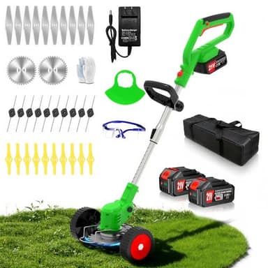 Cordless Weed Wacker Electric Stringless Eater 21V Battery Powered Lightweight Portable Weed Trimmer, 3-in-1 Lawn Edger/Grass Trimmer/Brush Cutter with 4 Types Blades & Wheels for Yard and Garden