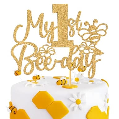 My 1st Bee Day Cake Topper, Happy 1st Birthday Cake Decor, Bumble Bee Honey theme Baby Shower, Baby One Year Old Party Decoration Supplies for Boy Girl