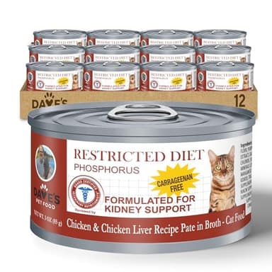 Dave's Pet Food Kidney Support for Cats (Chicken & Chicken Liver in Broth) - Low Phosphorus & Low Protein Wet Cat Food for Renal Health - No Prescription Needed - 3 oz (Case of 12)