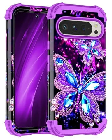 Miqala for Google Pixel 9 Pro XL Case,Glow in The Dark Three Layer Heavy Duty Shockproof Full Body Protection Hard Plastic Bumper+Soft Silicone Case for Google Pixel 9 Pro XL,Dark Butterfly