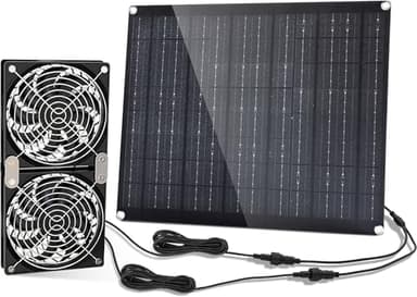 Solar Fan, 30W Solar Powered Fan with Dual IPX7 Waterproof Fans for Outside Chicken Coops, Greenhouses, Sheds, Intake or Exhaust Air Fan, Solar Ventilation Fan, Solar Exhaust Fan
