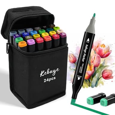 Kebuye Alcohol Markers 24 Colors - Drawing Marker for Adult Coloring Books No Bleeding Dual Tip Art Marker - Art Market Set for School Sketching Coloring Alcohol Based Markers with Base
