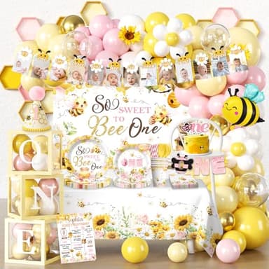 First Bee Day Decorations Girl, Bee Balloon Arch Kit, Bee Plates and Napkins Set, Bee Themed Banner Backdrop, 1st Birthday Girl Decoration Pink Yellow Floral So Sweet to Bee One Party Supplies