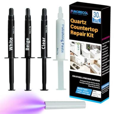 FUNCRECOL Quartz Countertop Repair Kit (Clear, White, Beige) Granite & Marble Repair Kit, 30s Quick-Drying Repair Chip for Edge Chips, Cracks, Scratches and Holes on Ceramic Tile, Bath Tub, Sink and Other Stone Surfaces - Pro Surface Repair