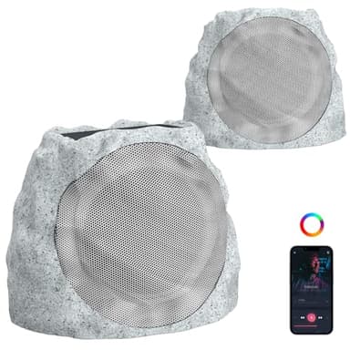 JMJEAN Outdoor Speakers Bluetooth Waterproof Patio TWS Connection Outdoor Bluetooth Speakers Wireless Solar Powered and Rechargeable Rock Speaker for Patio Pool,Backyard (Gray, 2 Pack)
