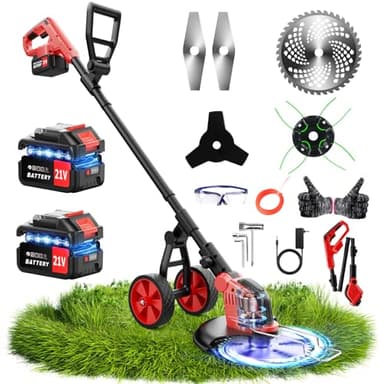 6000mAh Electric Weed Eater Battery Powered,12″ Brushless Electric Weed Wacker Cordless Wheeled String Trimmer,4 in 1 Grass Trimmer/Brush Cutter/Grass Edger/Weed Trimmer 5 Blade, 2 Battery (Red)