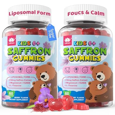 Saffron Magnesium Gummies for Kids , Liposomal Saffron for Kids Mood Focus Sleep Gummies, Organic Saffron Extract Supplements w/ Magnesium Glycinate, L-Theanine & GABA for Calm - No Melatonin, 120Cts