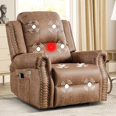 EBELLO Power Recliner Chair with Massage and Heat, Faux Leather Electric Massage Reclining Chair for Adults with Overstuffed Backrest and Side Pocket, Single Sofa for Living Room, Nut Brown