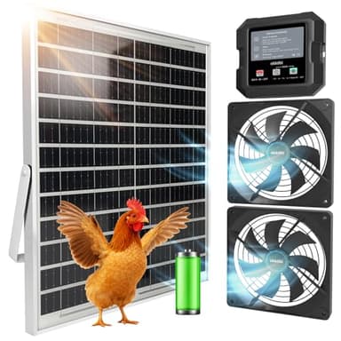 OKKÖBI Okkbi Solar Fan with Battery for Chicken Coop and Greenhouse, Dual Solar Ventilation, Air Intake or Exhaust, Control Box with 3 Modes, 25W Solar Panel, 4.7-Inch Fans, IPX4 Water-Resistant