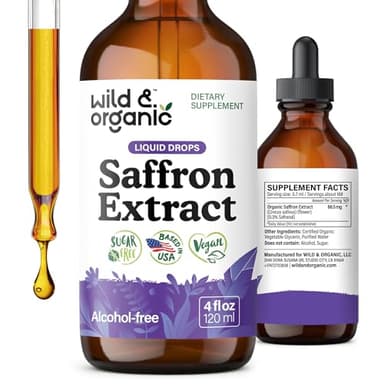 Wild & Organic Saffron Supplements 88.5 mg - Mood, Focus & Eye Support - Saffron Extract Liquid Drops - Add to Tea - 5-Month Supply - Crocus Sativus Herb - Vegan, Sugar & Alcohol-Free Tincture - 4 oz