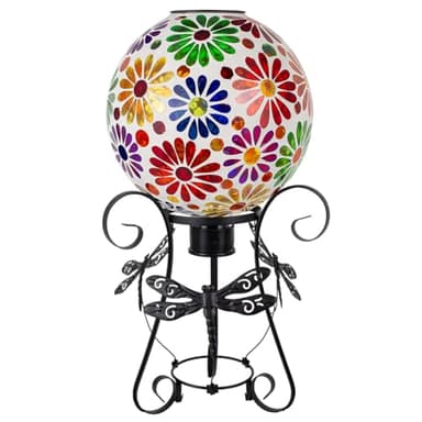 Starsoul Solar Gazing Ball, 10" Lighted Flowers Mosaic Gazing Balls with Stand, Glass Outdoor Garden Globe, Gazing Balls for Garden Lawn Yard Decor