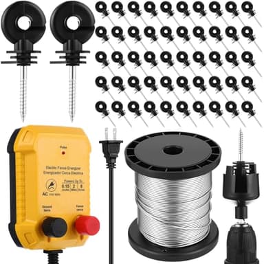 MorningRo Electric Fence for Preventing Animals Intruding 2 Mile 110VAC 0.15 Joule Electric Plug in Fence, 50 Black Insulator and 1 Socket Tool 250ft Aluminum Wire for Animals and Keep Out Predators