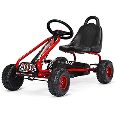 Costzon Go Kart for Kids, 4 Wheel Pedal Powered Go Cart with Adjustable Seat, Handbrake & Non-Slip Wheels, Outdoor Racer Ride On Pedal Car, Gift for Boys Girls (Red)