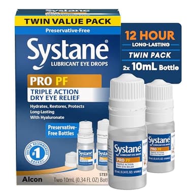 Systane PRO PF Lubricating Eye Drops for Dry Eyes, 2 x 10 mL, Preservative Free with Hyaluronate, Triple-Action Formula to Hydrate, Restore & Protect, Multi-Dose Bottle