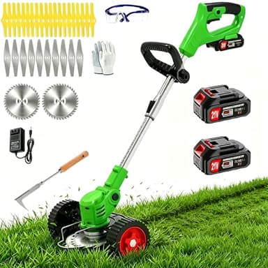 Electric Weed Wacker Cordless Eater, 21V No String Trimmer Battery Powered,3 In 1 Lightweight Grass Trimmer/Brush Cutter/Edger with Wheels and Metal Blade, Stringless Weed Trimmer for Lawn Yard Garden