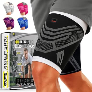 BLITZU Hamstring Compression Sleeve 1 Pair, Upper Leg Sleeves, Thigh, Quad & Groin Support for Men and Women, Anti-Slip Thigh Brace & Wrap for Running, Workout, Sports Recovery Black M