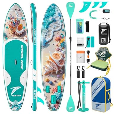 TIDETREK 11'/11'6" x 33"/34" x 6" Inflatable SUP Paddle Board – Extra-Wide, Stable Stand Up Paddle Board with Premium Full Accessory Set for Adults & Youth (Shell Whisper/Kayak Seat, 11'x33 x6)