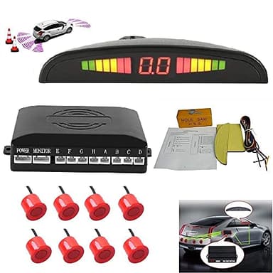 TOTMOX Car Reverse Parking Radar System 8 Reversing Sensors Kit with Front and Rear Alarm Buzzer Reminder LED Display Safe Driving, Car Parking Sensor, Red